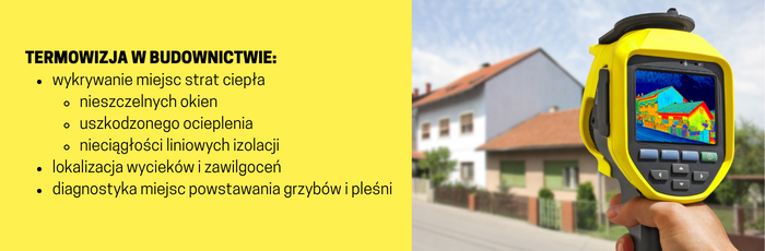 Żółta kamera termowizyjna z obrazem domu na ekranie; w tle budynek mieszkalny